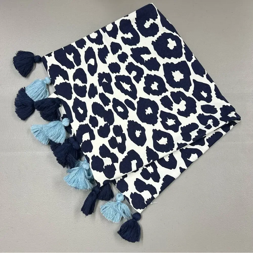 Pottery Barn Mark & Graham Leopard Animal Print Blue Tassel Pillow Cover 12 x 24